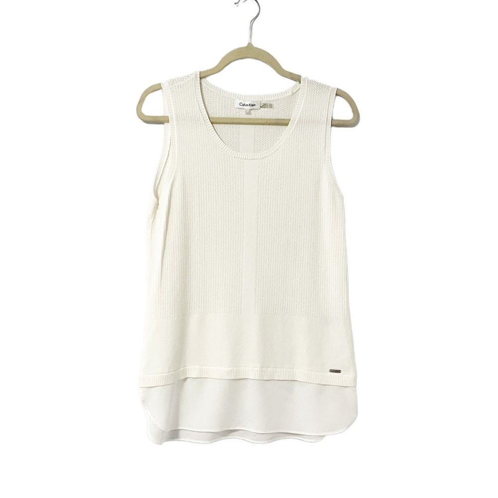 🟢Calvin Klein Ivory Sleeveless Knit Layered Look Top Size SP